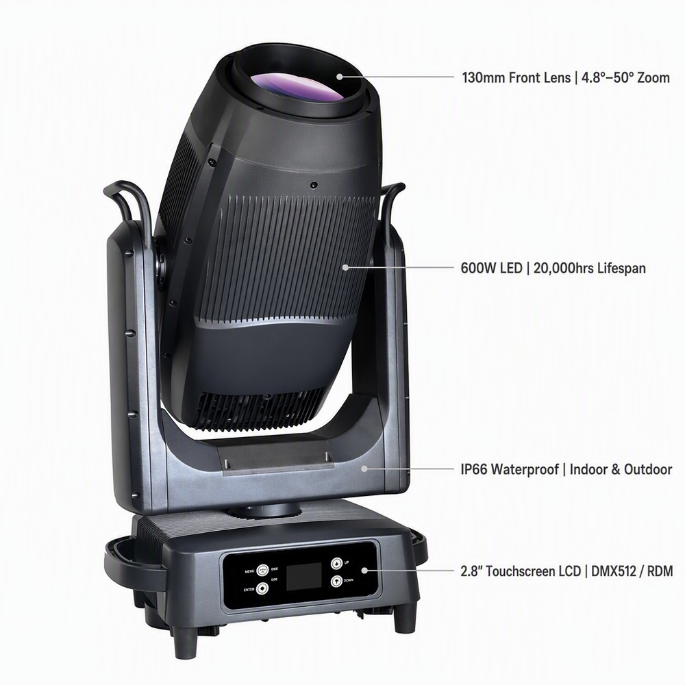Lampe à tête mobile à cadre LED d'extérieur IP66 700W / 1000W | Zoom 4,8°-50° | Encadrement à 4 lames